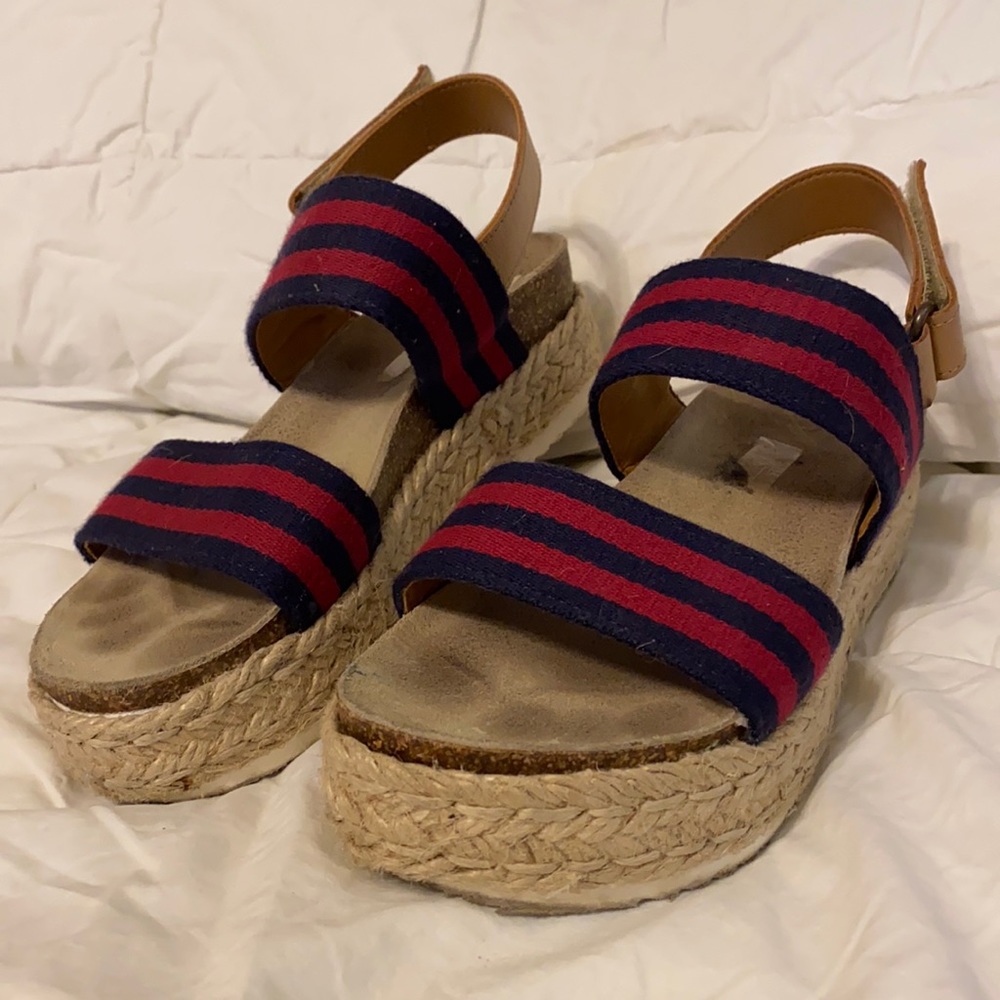 Blue and red striped chunk sandals from Steve Madden.